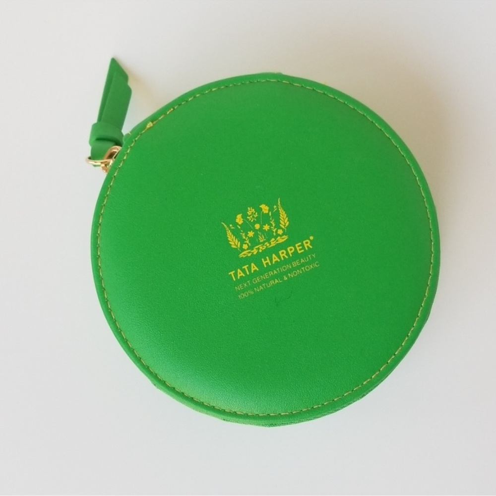 New Tata Harper Green Round Vegan Leather Pouch Cosmetic Bag